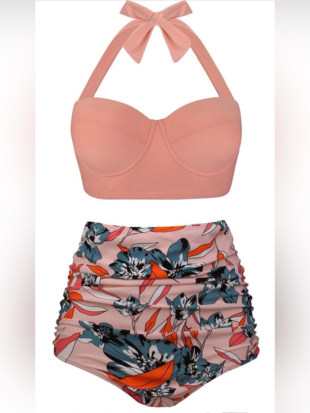 High-Waist Floral Retro Bikini Set - Peach Top & Multicolor bottom